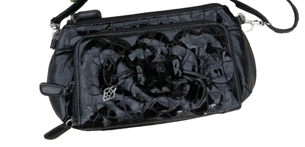 Brighton Rosalie Rosie Black Leather Rose Crossbody Belt Bag Wallet Organizer